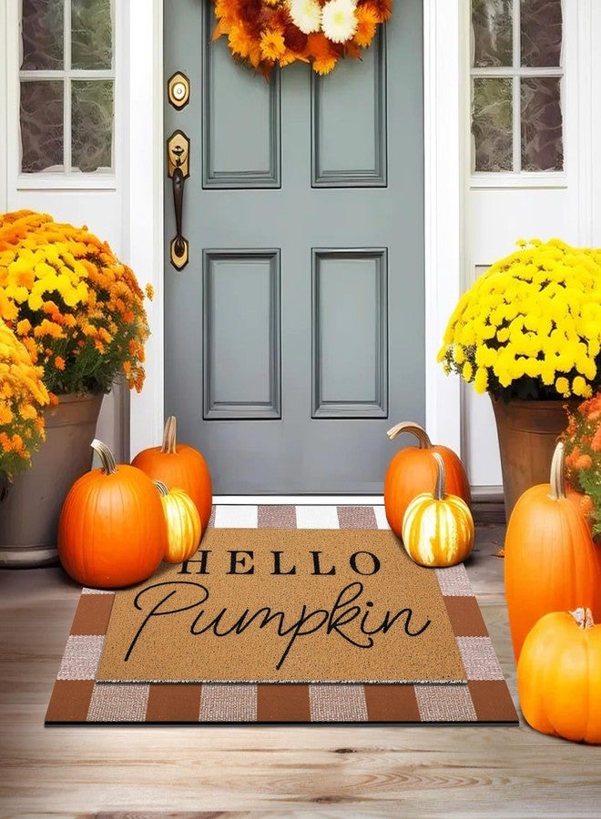 Tinideya 2 Pcs Fall Door Mat Hello Pumpkin Welcome Non Slip Coir Mats Thanksgiving Black White Plaid Harvest Floor Layering Doormats Seasonal for Front Porch Entryway Decor(Brown White Plaid) - Image 5