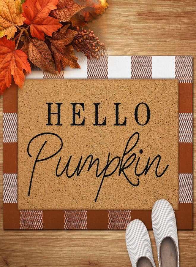 Tinideya 2 Pcs Fall Door Mat Hello Pumpkin Welcome Non Slip Coir Mats Thanksgiving Black White Plaid Harvest Floor Layering Doormats Seasonal for Front Porch Entryway Decor(Brown White Plaid) - Image 1