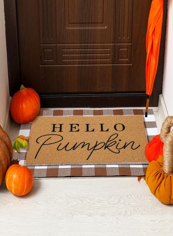 Tinideya 2 Pcs Fall Door Mat Hello Pumpkin Welcome Non Slip Coir Mats Thanksgiving Black White Plaid Harvest Floor Layering Doormats Seasonal for Front Porch Entryway Decor(Brown White Plaid) - Image 4