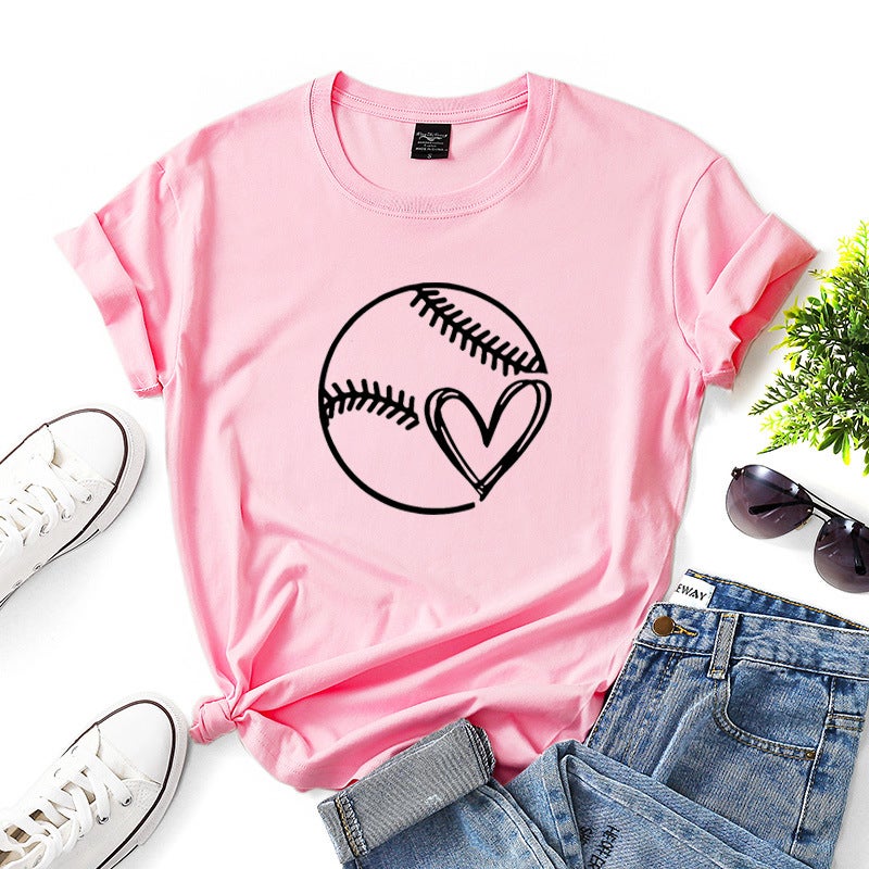 Spot wish ebay spring and summer new love baseball pattern women's top casual T-shirt Pink XL - Image 1