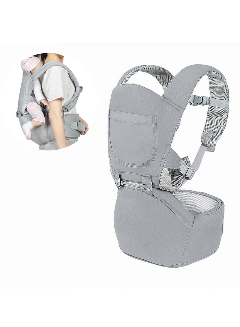 Grey Multifunctional 3-in-1 Baby Carrier with Waist Stool & Hip Seat - Ergonomic Design for Newborn to Toddler, Made of 100% Premium Cotton for All-Season Comfort, Adjustable for Parents, Suitable Babies Aged 0-36 Months - Image 1