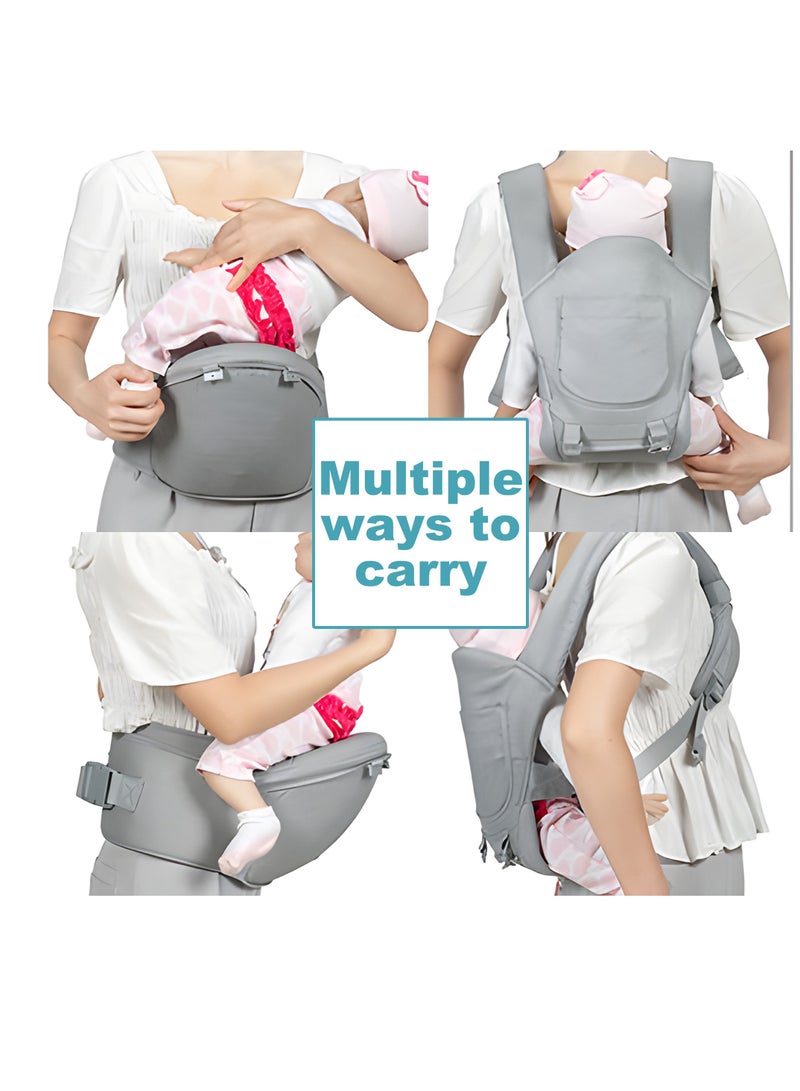 Grey Multifunctional 3-in-1 Baby Carrier with Waist Stool & Hip Seat - Ergonomic Design for Newborn to Toddler, Made of 100% Premium Cotton for All-Season Comfort, Adjustable for Parents, Suitable Babies Aged 0-36 Months - Image 5