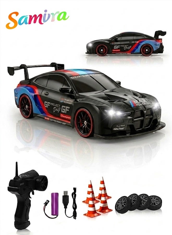 Samira 1:24 Scale RC Drift Car with Rechargeable Battery,4WD 2.4GHz High Speed Racing Sport Toy Car with LED Lights, Racing and Drift Wheels,RC Racing Toy for Boys Girls Kids(Black) - Image 1