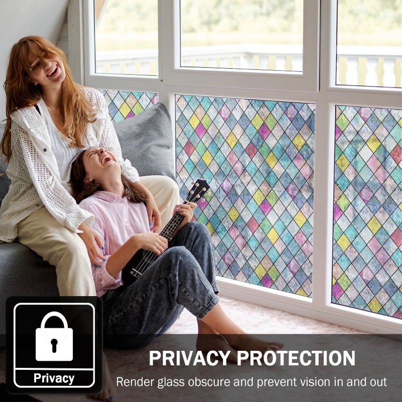 FEOMOS Stained Glass Window Film, Window Privacy Films, Colorful Lattice Window Tint, Rainbow Glass Decals Stickers for Home Anti UV 17.3 x 78.7 inches - Image 2