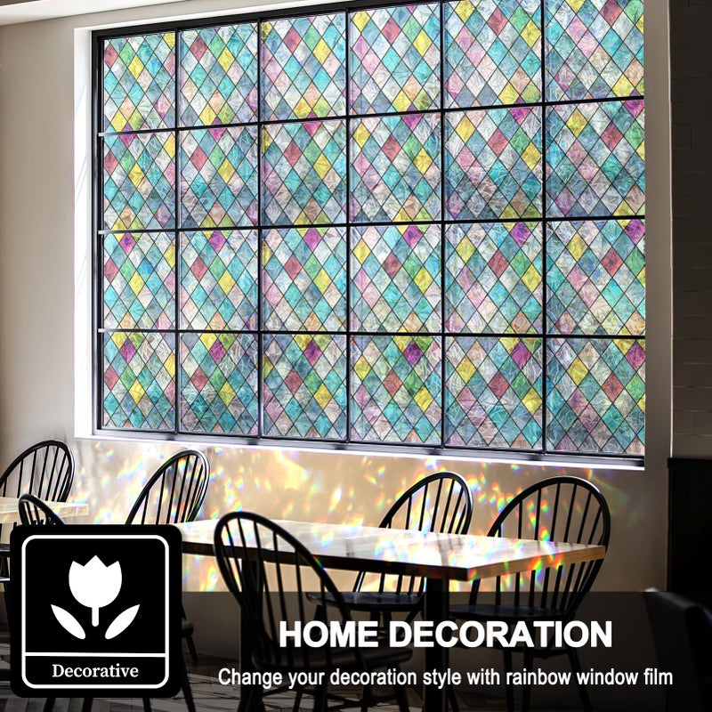 FEOMOS Stained Glass Window Film, Window Privacy Films, Colorful Lattice Window Tint, Rainbow Glass Decals Stickers for Home Anti UV 17.3 x 78.7 inches - Image 3