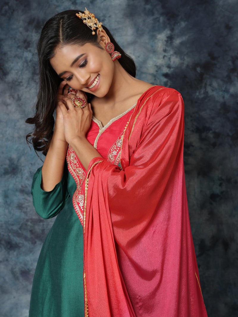 EthnicJunction Women's Cotton Silk Embroidered Straight Kurta Salwar With Dupatta Set - Image 3