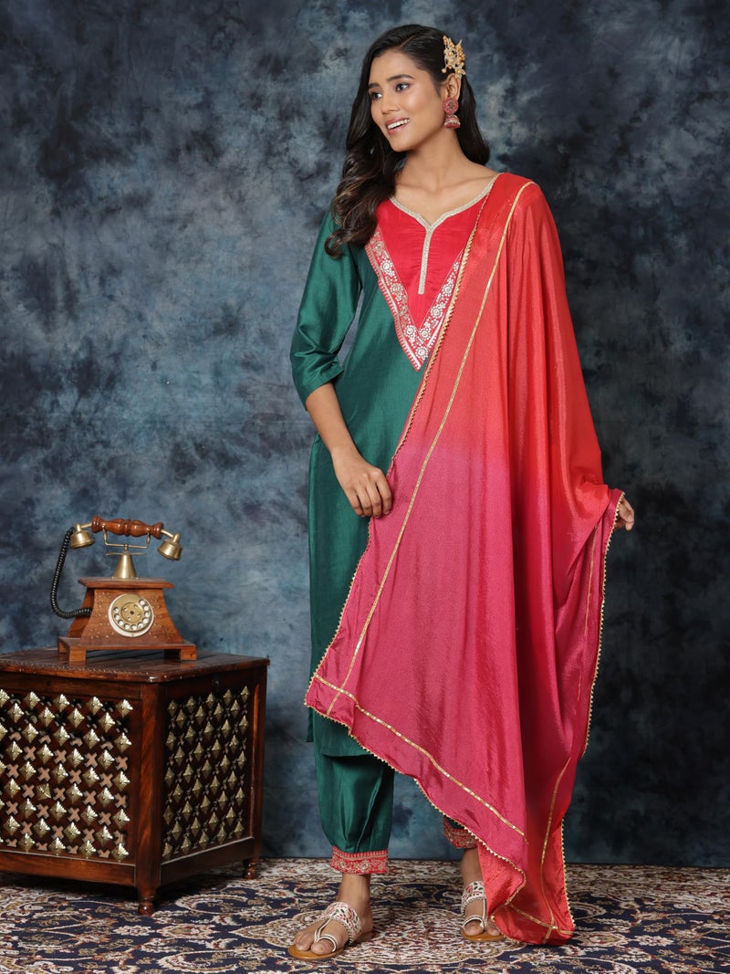 EthnicJunction Women's Cotton Silk Embroidered Straight Kurta Salwar With Dupatta Set - Image 4