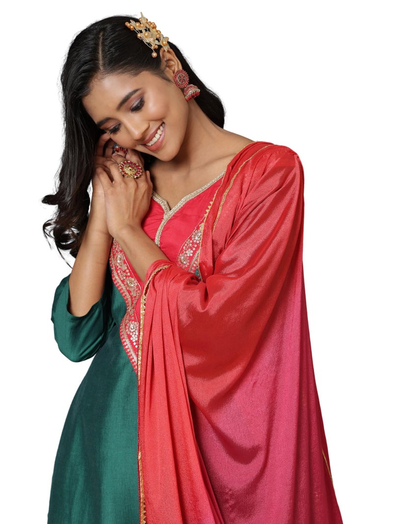 EthnicJunction Women's Cotton Silk Embroidered Straight Kurta Salwar With Dupatta Set - Image 1