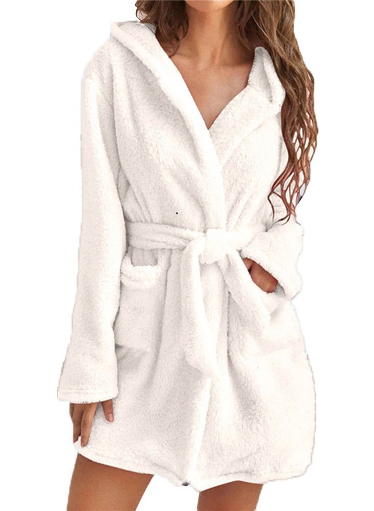 Women Hooded Bathrobe Fleece Lightweight Soft Plush Flannel Sleepwear Fleece Hooded Bathrobes Night Sleepwear Women's Mid Length Plush Robe  - Image 1