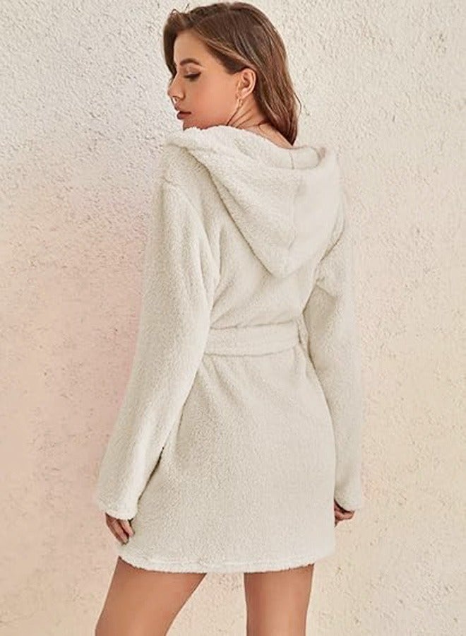 Women Hooded Bathrobe Fleece Lightweight Soft Plush Flannel Sleepwear Fleece Hooded Bathrobes Night Sleepwear Women's Mid Length Plush Robe  - Image 4