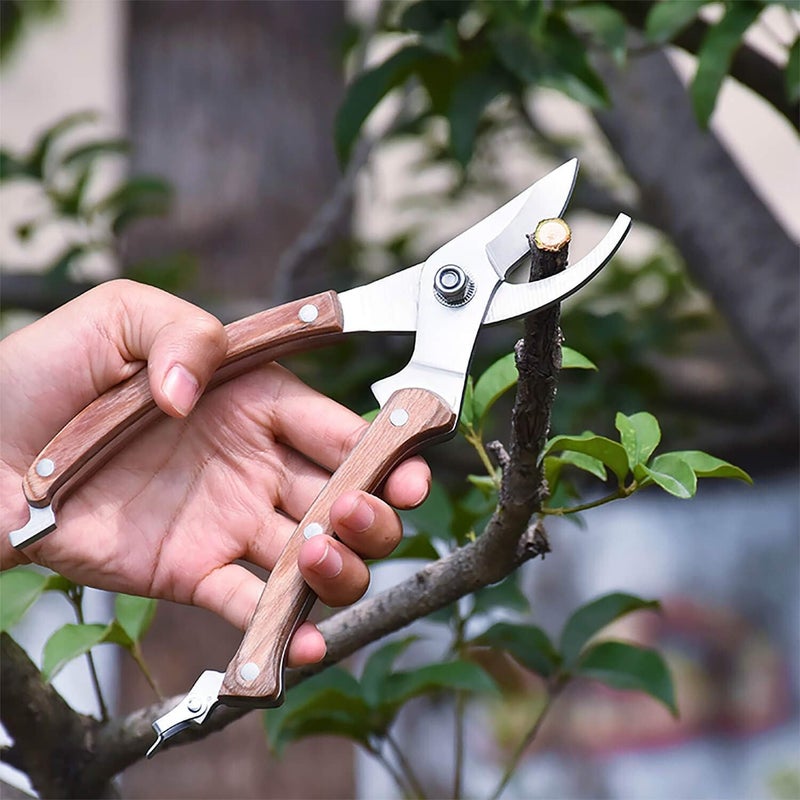BUGUI 8” Wood Handle Garden Scissors, Set of 2, Includes Bypass Pruning Shears and Long Straight Tip Clippers, Premium Gardening Tools with Precision-Ground SK-5 Steel Blade - Image 5