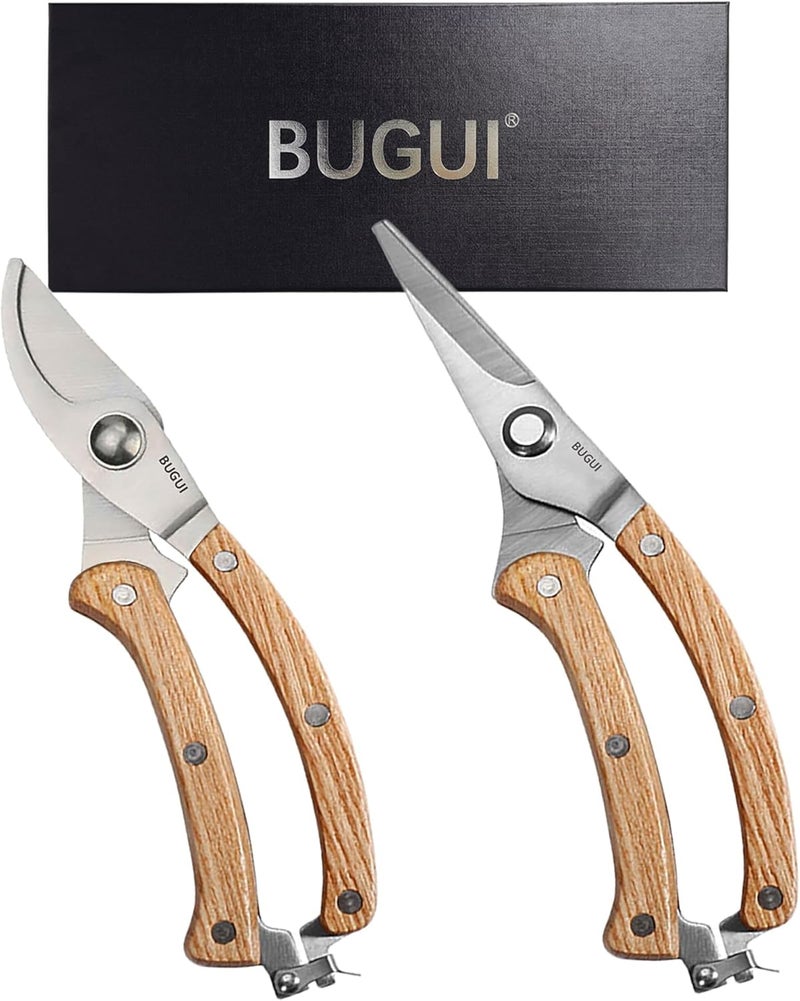BUGUI 8” Wood Handle Garden Scissors, Set of 2, Includes Bypass Pruning Shears and Long Straight Tip Clippers, Premium Gardening Tools with Precision-Ground SK-5 Steel Blade - Image 1