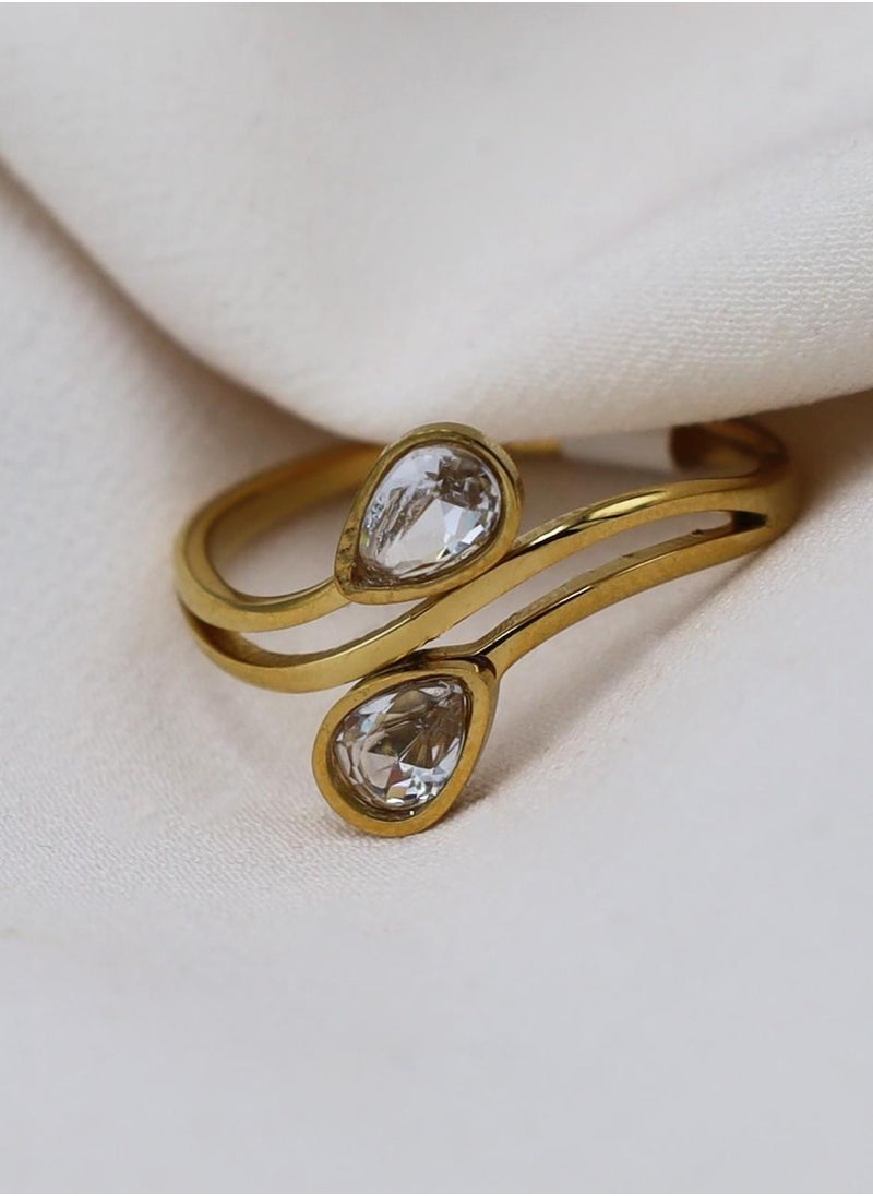 mjuhurat Elegant Dual Pear-Shaped Diamond Look Open Ring – Gold-Plated Finish  - Image 3