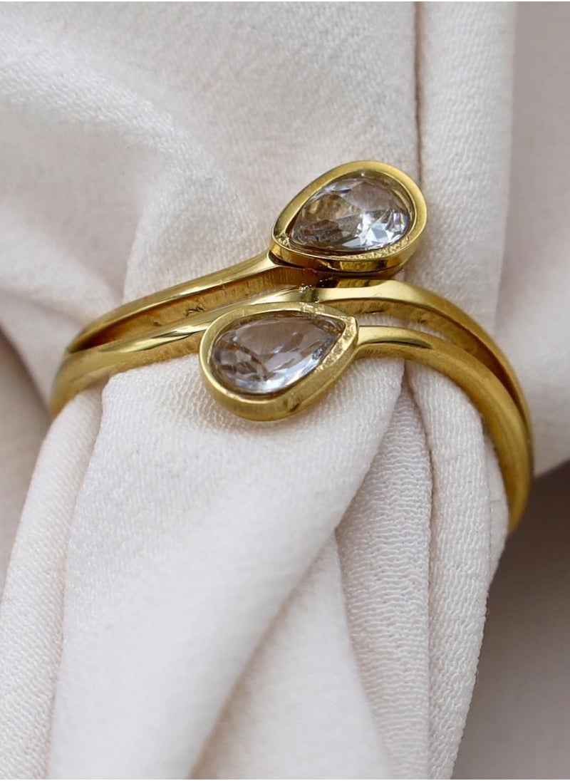 mjuhurat Elegant Dual Pear-Shaped Diamond Look Open Ring – Gold-Plated Finish  - Image 1