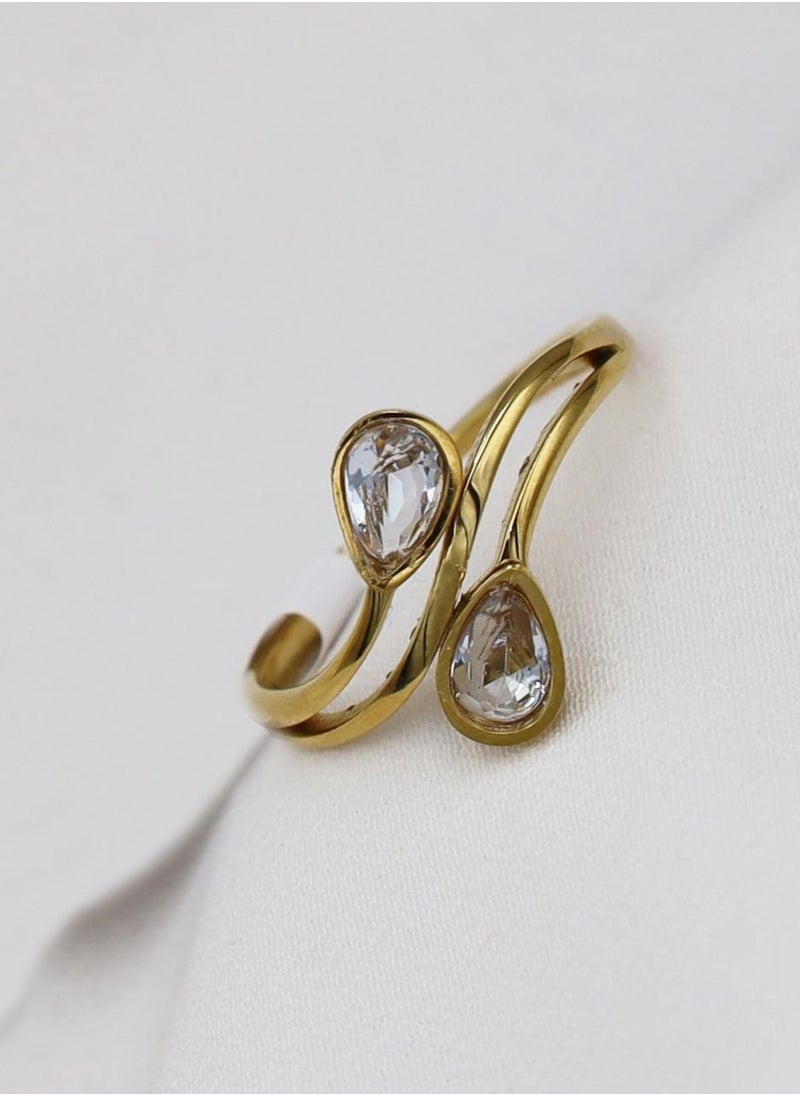 mjuhurat Elegant Dual Pear-Shaped Diamond Look Open Ring – Gold-Plated Finish  - Image 2