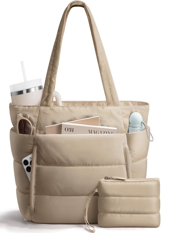 Bagstellar Puffer Tote Bag for Women, Lightweight Puffy Work Laptop Handbag Teacher Nurse Quilted Shoulder Bag for School Travel Gym, Camel - Image 1
