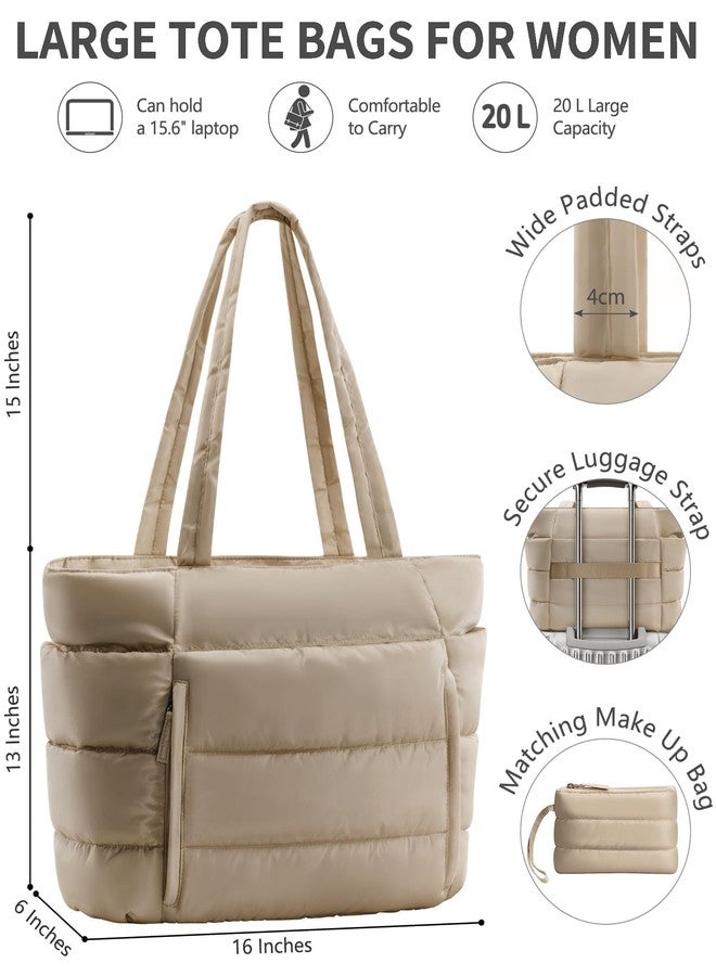 Bagstellar Puffer Tote Bag for Women, Lightweight Puffy Work Laptop Handbag Teacher Nurse Quilted Shoulder Bag for School Travel Gym, Camel - Image 3