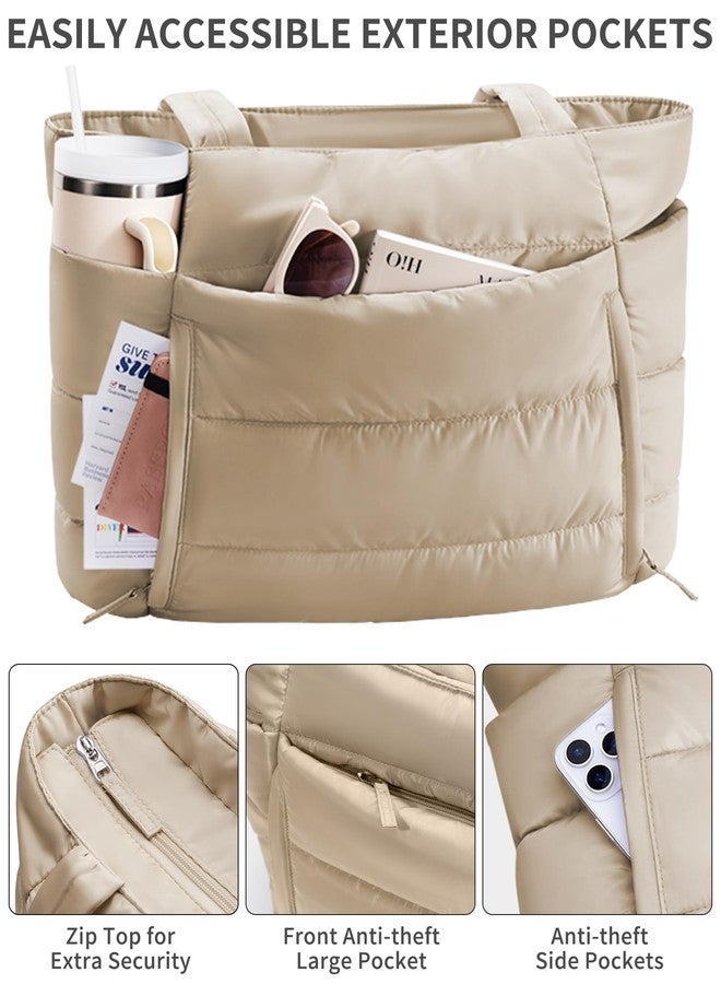Bagstellar Puffer Tote Bag for Women, Lightweight Puffy Work Laptop Handbag Teacher Nurse Quilted Shoulder Bag for School Travel Gym, Camel - Image 5