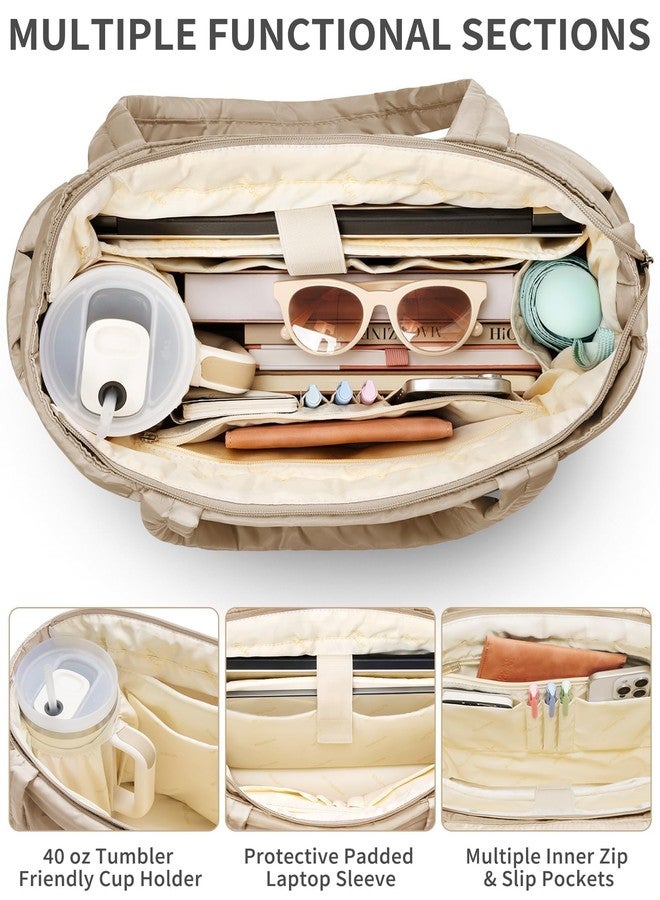 Bagstellar Puffer Tote Bag for Women, Lightweight Puffy Work Laptop Handbag Teacher Nurse Quilted Shoulder Bag for School Travel Gym, Camel - Image 4