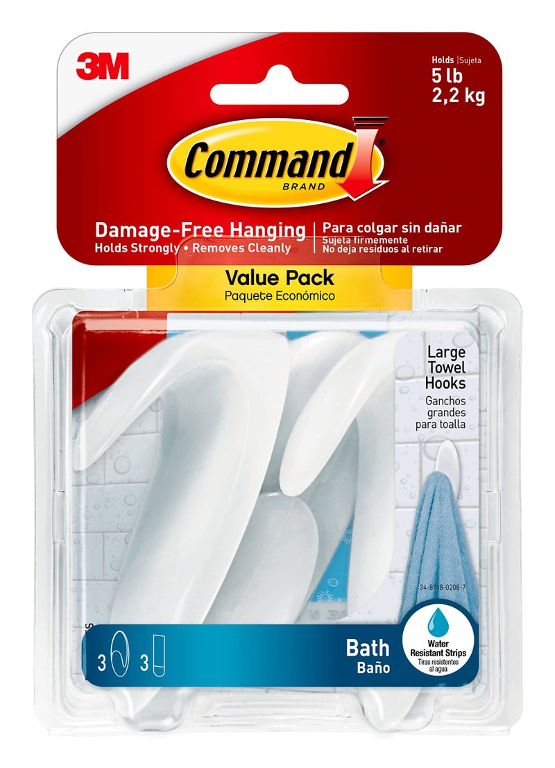 Command Bath Large Towel Hook Value Pack, Clear Frosted, 3-Large Hooks, 3-Water-Resistant Strips, Organize Damage-Free - Image 1