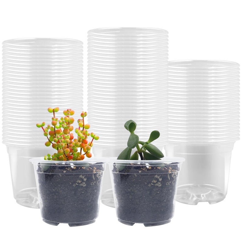 RooTrimmer 100 Pack 2.8 Inches Clear Plant Pots with Drainage Holes, Transparent Seeding Nursey pots, Round Plastic pots for Seeds Starter, Seeds Germination - Image 1