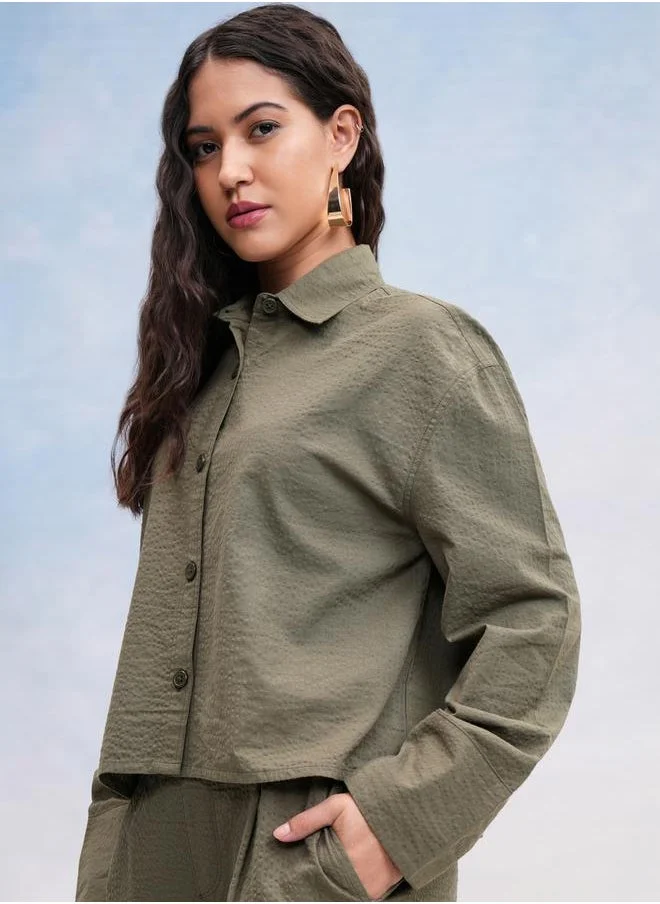 Tokyo Talkies Tokyo Talkies Textured Spread Collar Cotton Regular Fit Shirt