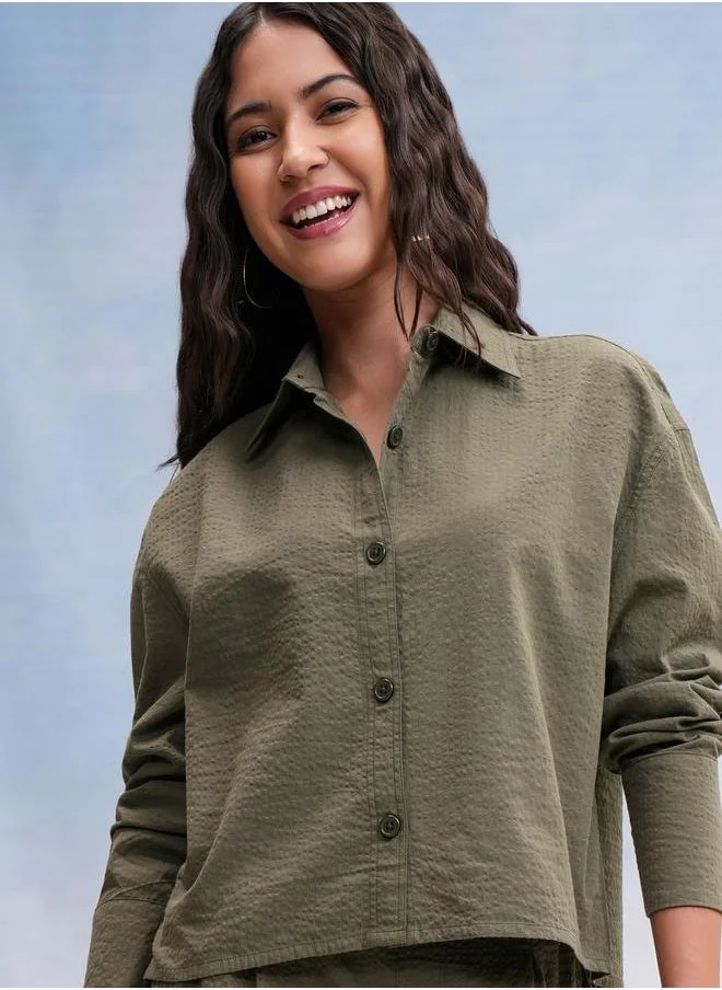 طوكيو توكيز Tokyo Talkies Textured Spread Collar Cotton Regular Fit Shirt