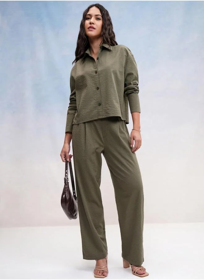 طوكيو توكيز Tokyo Talkies Textured Spread Collar Cotton Regular Fit Shirt