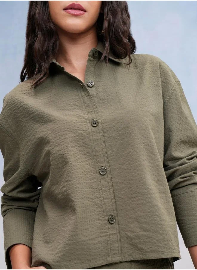 Tokyo Talkies Tokyo Talkies Textured Spread Collar Cotton Regular Fit Shirt