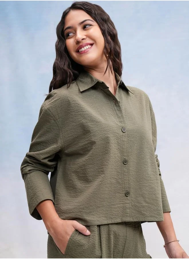 Tokyo Talkies Textured Spread Collar Cotton Regular Fit Shirt