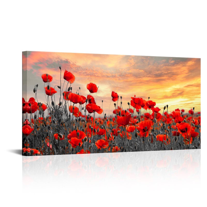 NutArtPic Red Poppy Flower Canvas Wall Art Red Floral Pictures Wall Decor Nature Floral Painting Sunset Picture Prints Framed 20''X40'' - Image 1