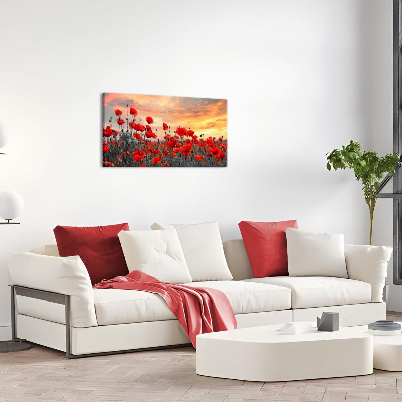 NutArtPic Red Poppy Flower Canvas Wall Art Red Floral Pictures Wall Decor Nature Floral Painting Sunset Picture Prints Framed 20''X40'' - Image 3