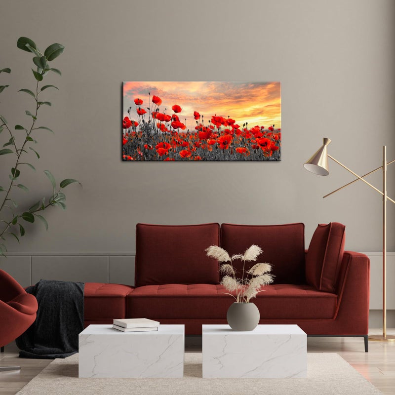 NutArtPic Red Poppy Flower Canvas Wall Art Red Floral Pictures Wall Decor Nature Floral Painting Sunset Picture Prints Framed 20''X40'' - Image 4