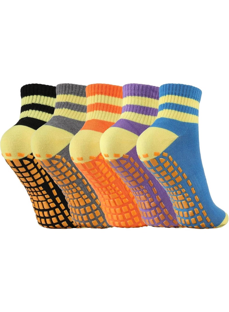 SOLARAE 5 Pairs Non Slip Yoga Socks for Women, Grips Socks, Anti Slip Skid Socks Grip Socks, Cotton Slipper Socks, Pilates Socks, Non Slip Grip Socks for Yoga, Ballet Barre, Pilates, Workout Sports - Image 1