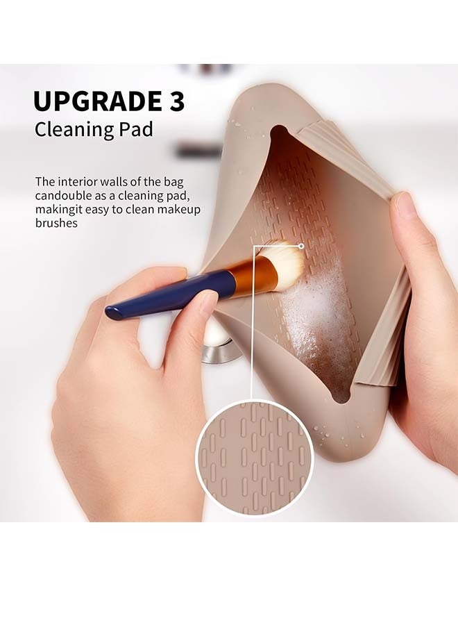 Silicone Makeup Brush Holder Travel Cosmetic Bag：Soft Portable Cosmetic Face Brushes Holder with Upgrade Anti-Fall Out Magnetic Closure, Large Travel Makeup Brush Case - Walnut - Image 4