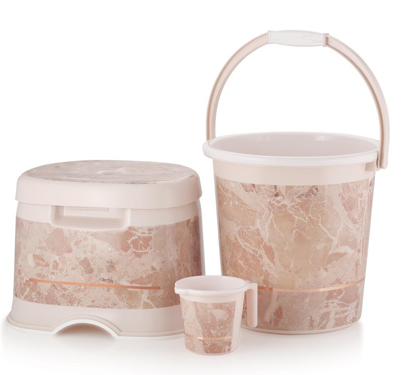 Nabhya Granite 3Pc Bathroom Set, with Plastic Buckeet (20ltr), D-Shape Heighted Stool, Mug (1LTR) 3 pc Bucket-Set for Bathroom, Home & Kitchen, Combo of 3pc Bucket Cleaning Set (Beige) - Image 1
