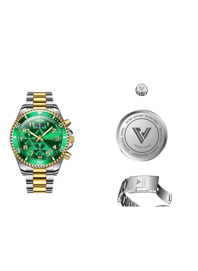 VOGUE VENUE VANTE Series Men's Two-Tone Chronograph Watch with Green Dial and Moon Phase by VOGUE VENUE-VNT014 - Image 3
