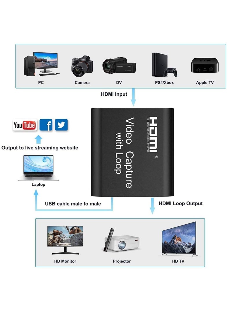 Generic - 4K HDMI Video Capture Card with External Loop, Full HD 1080P Game Video Recorder for Live Streaming, Broadcasting, Video Conference (1pc) - Image 1