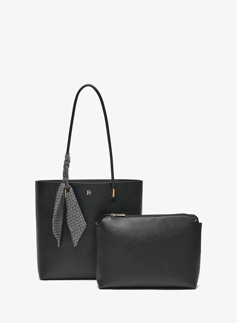 Textured Tote Bag with Ribbon Detail and Pouch