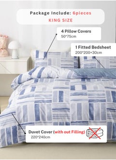 LUNA Home King Size 6 Pieces Bedding Set without filler, Reversible Blue Geometric Design  - Image 2