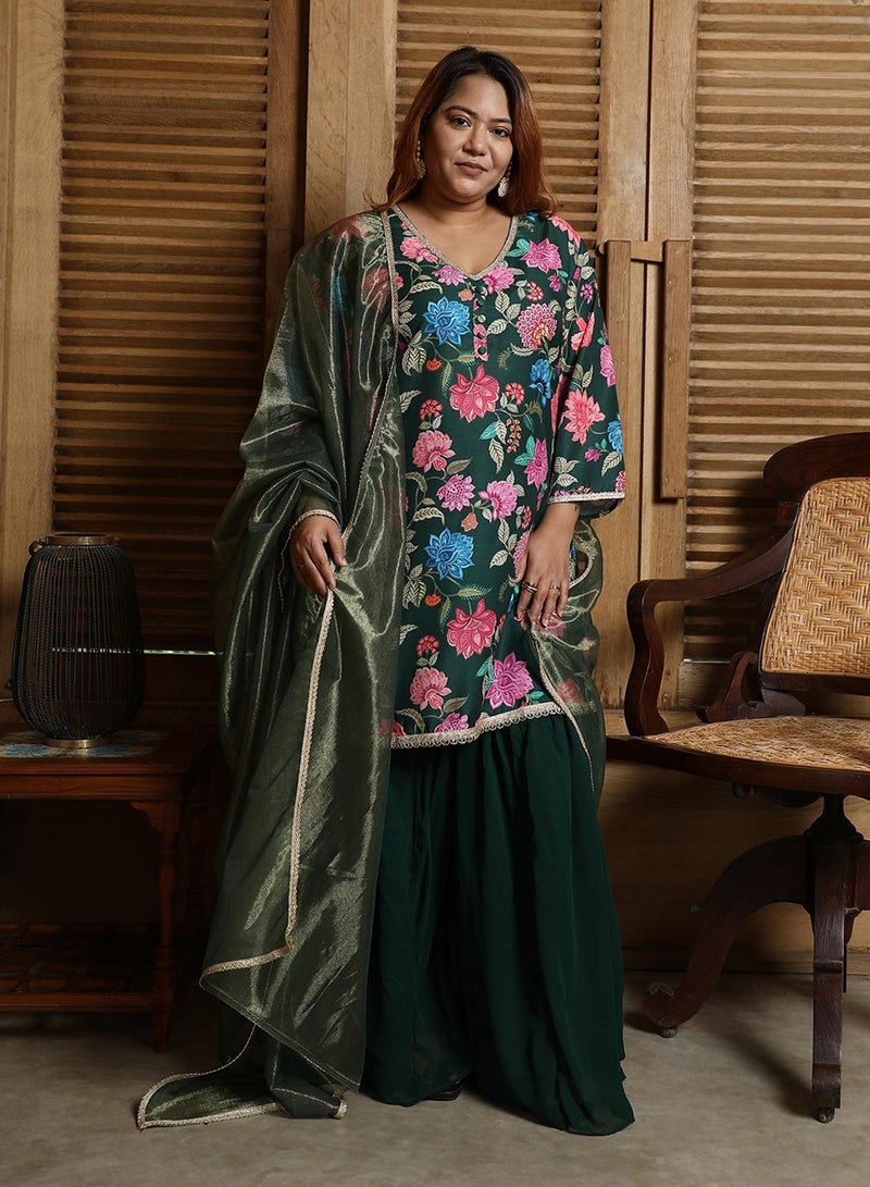 Instafab Plus Women's Emerald Green Botanical Cluster Kurti With Sharara & Dupatta - Image 1