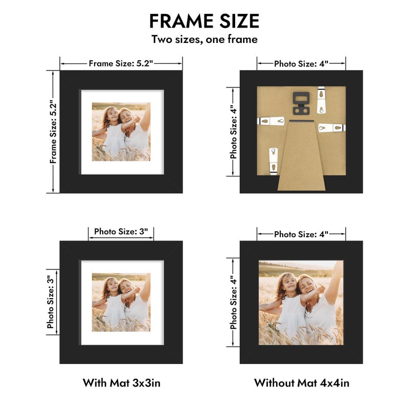Hongkee 4x4 Picture Frame with Glass, Display Pictures 3x3 with Mat or 4 x 4 without Mat - Wall and Tabletop, 4 by 4 Photo Wooden Frames (Black, 1 Pack) - Image 3
