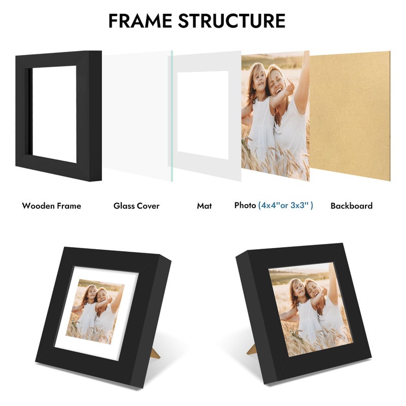 Hongkee 4x4 Picture Frame with Glass, Display Pictures 3x3 with Mat or 4 x 4 without Mat - Wall and Tabletop, 4 by 4 Photo Wooden Frames (Black, 1 Pack) - Image 5