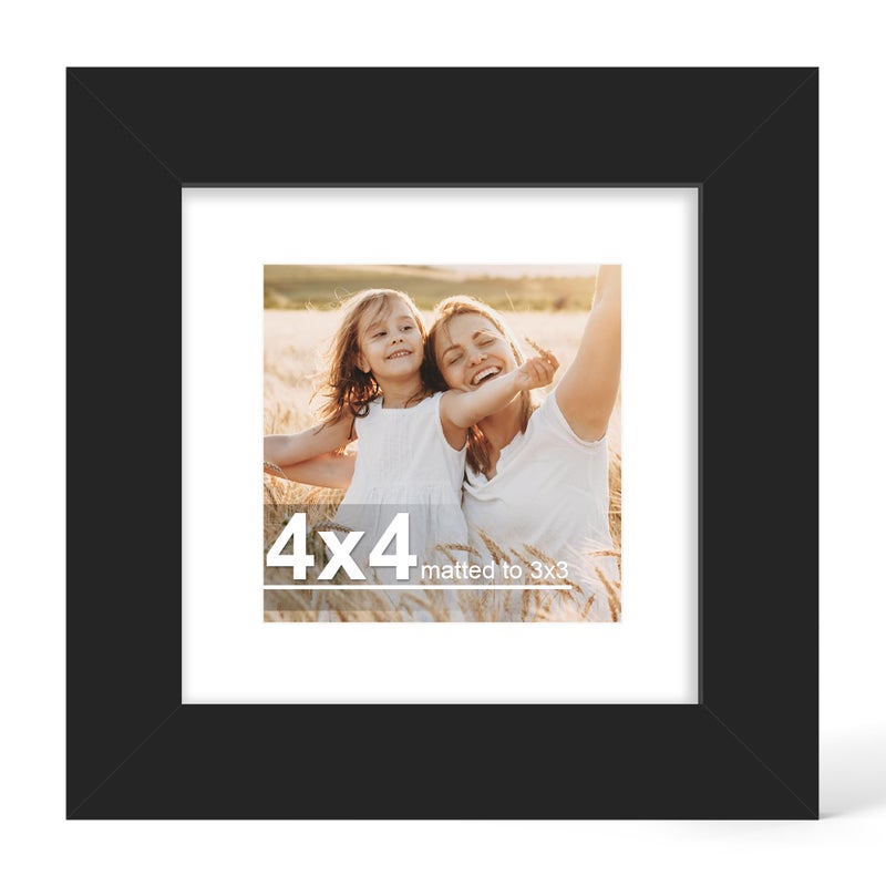 Hongkee 4x4 Picture Frame with Glass, Display Pictures 3x3 with Mat or 4 x 4 without Mat - Wall and Tabletop, 4 by 4 Photo Wooden Frames (Black, 1 Pack) - Image 1