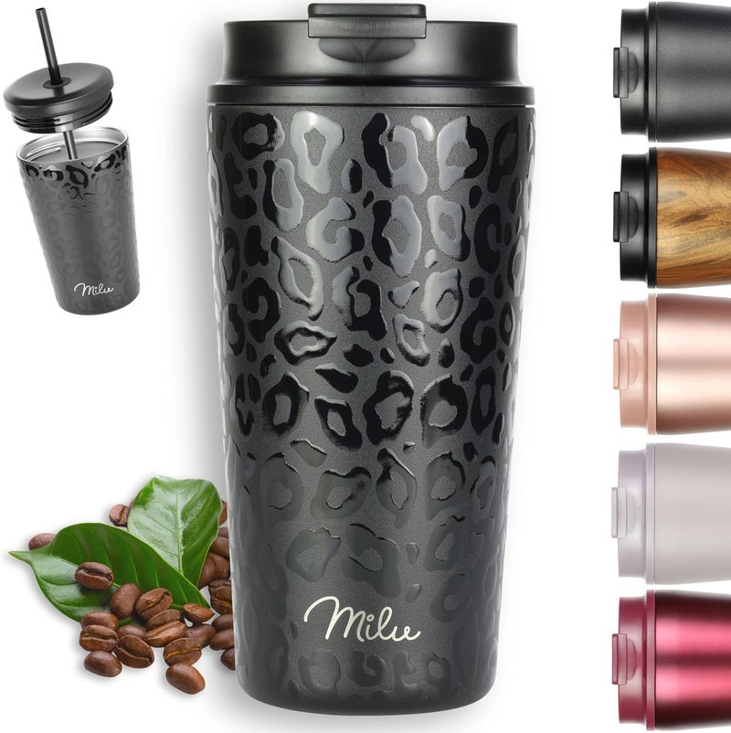 Milu Thermal Mug 300 ml, 400 ml, 500 ml - 100% Leak-Proof - Stainless Steel Coffee Mug to Go Insulated with Straw Keeps Hot for 10 Hours/Cold 20 Hours, BPA-Free (Black Leopard, 500 ml) - Image 1