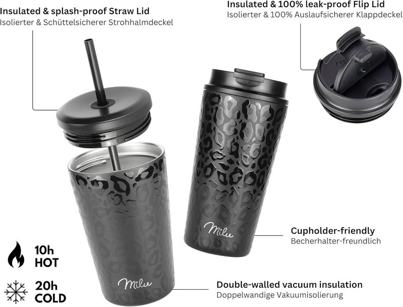 Milu Thermal Mug 300 ml, 400 ml, 500 ml - 100% Leak-Proof - Stainless Steel Coffee Mug to Go Insulated with Straw Keeps Hot for 10 Hours/Cold 20 Hours, BPA-Free (Black Leopard, 500 ml) - Image 4
