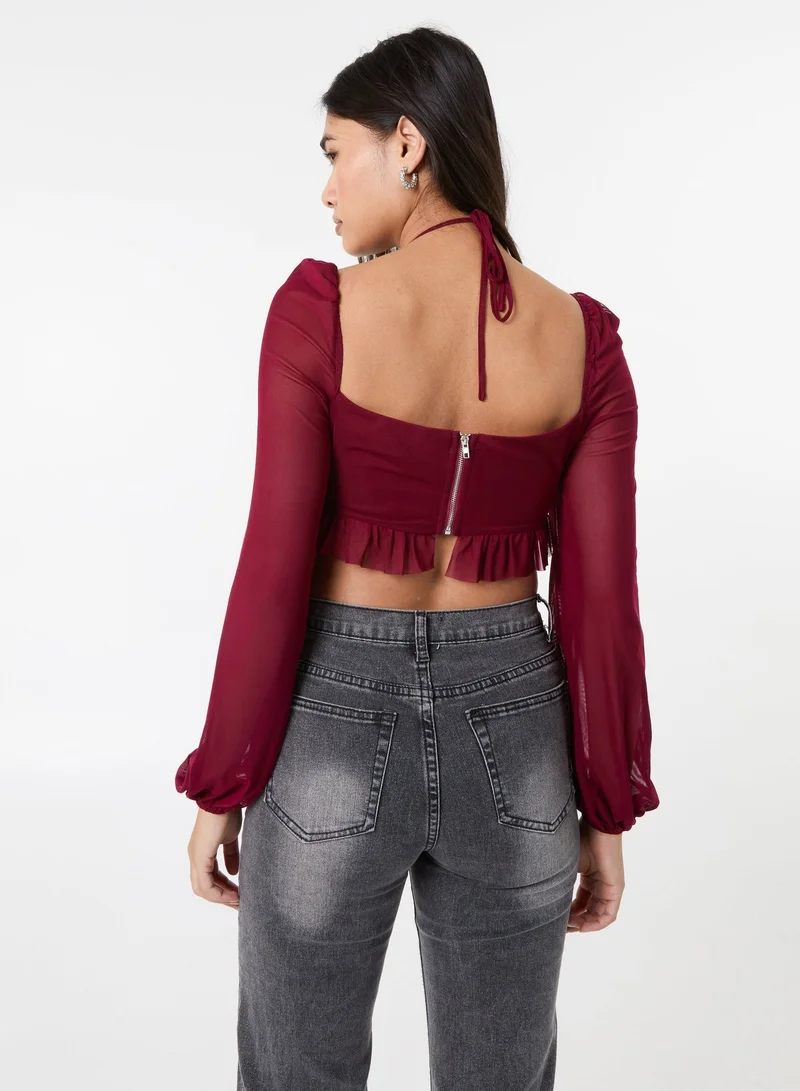 بينك فانيلا Long Sleeve Halterneck Crop Top