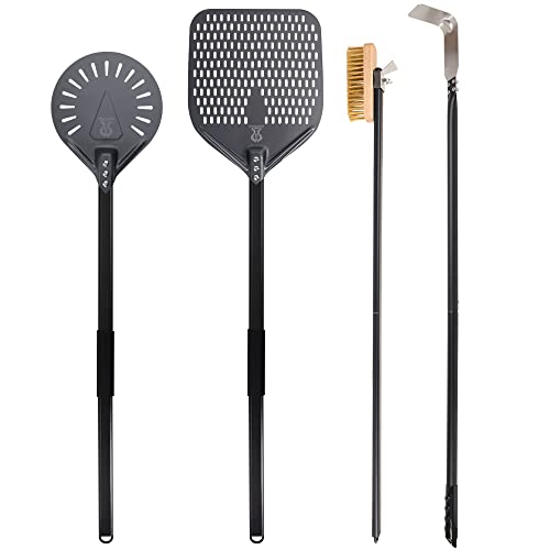 SHANGPEIXUAN SHANGPEIXUAN Pizza Turning Peel 9 Inch Perforated Pizza Peel and Pizza Brush Ash Rake 4 Piece Wood Fired Commercial Pizza Oven Utensil Kit with 40Inch Aluminum Handle 