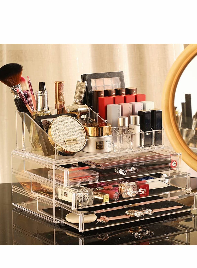 KASTWAVE Large Cosmetic Makeup Organizer with Drawers and Brush Organizer, Acrylic Skin Care Storage Display Case, Stackable Box With 3 Drawers for Bathroom Countertop and Bedroom Vanity Dresser - Image 4