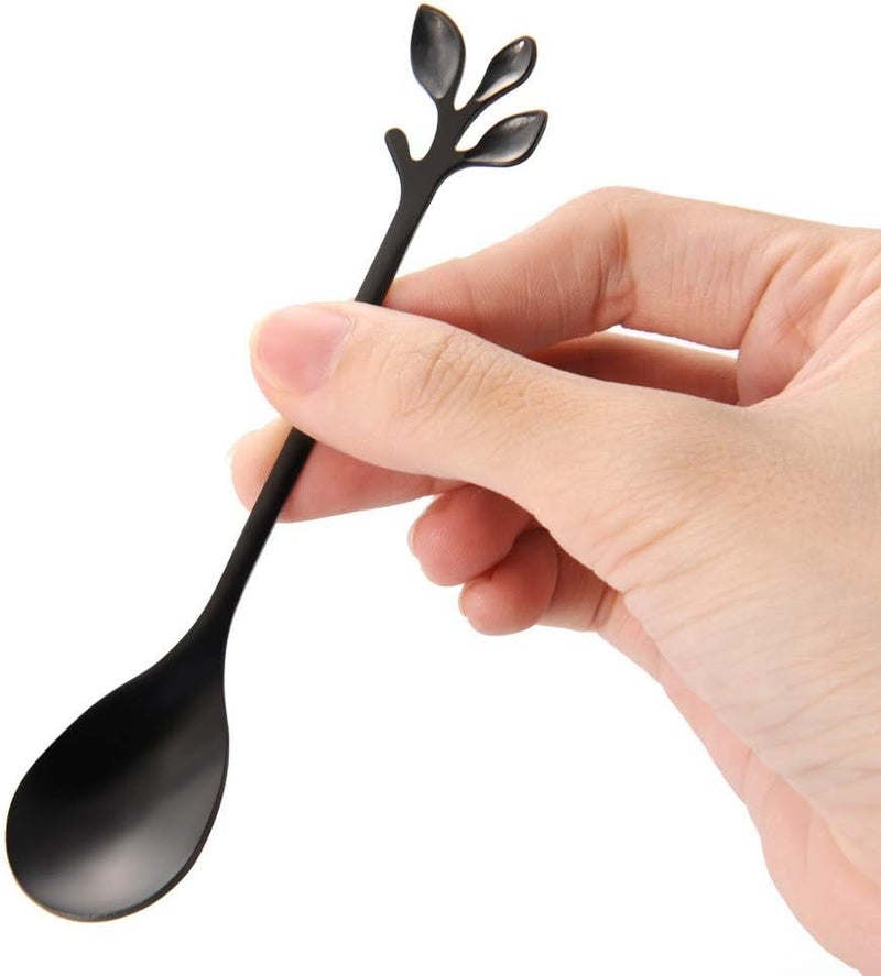 AnSaw Stainless Steel Black Leaf Coffee Spoon Cake Fork- 10 Pcs Creative Tableware Dessert Spoons, Stirring, Mixing, Sugar, Stir, Ice Cream,Fruit, Cake, Teaspoon Set (Black-5Spoon+5Forks) | Stainless Steel,Ideal for Coffee,Tea, Dessert,Appetizers, Tastings, Parties, Charcuterie & Cocktails - Image 3